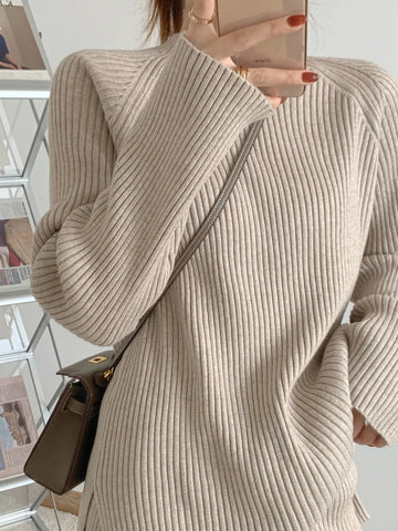 Getadme-Chic Thicken Wool 2 Piece Sets Women Winter Gray Elegant O-neck Sweater + Wide Leg Pants Ladies Korean Streetwear Pant Sets